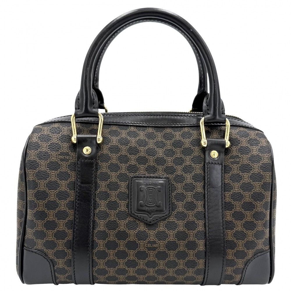 Celine Handbag Macadam Vintage Canvas Leather Brown Black Gold