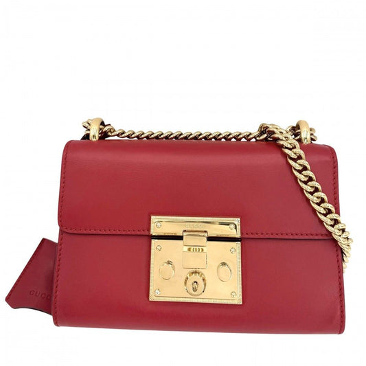 Gucci Shoulder Bag Chain Crossbody Leather Red Gold