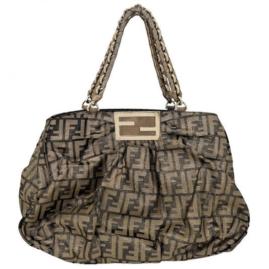 Fendi Handbag Zucca Tote Shoulder Canvas Leather Brown Silver