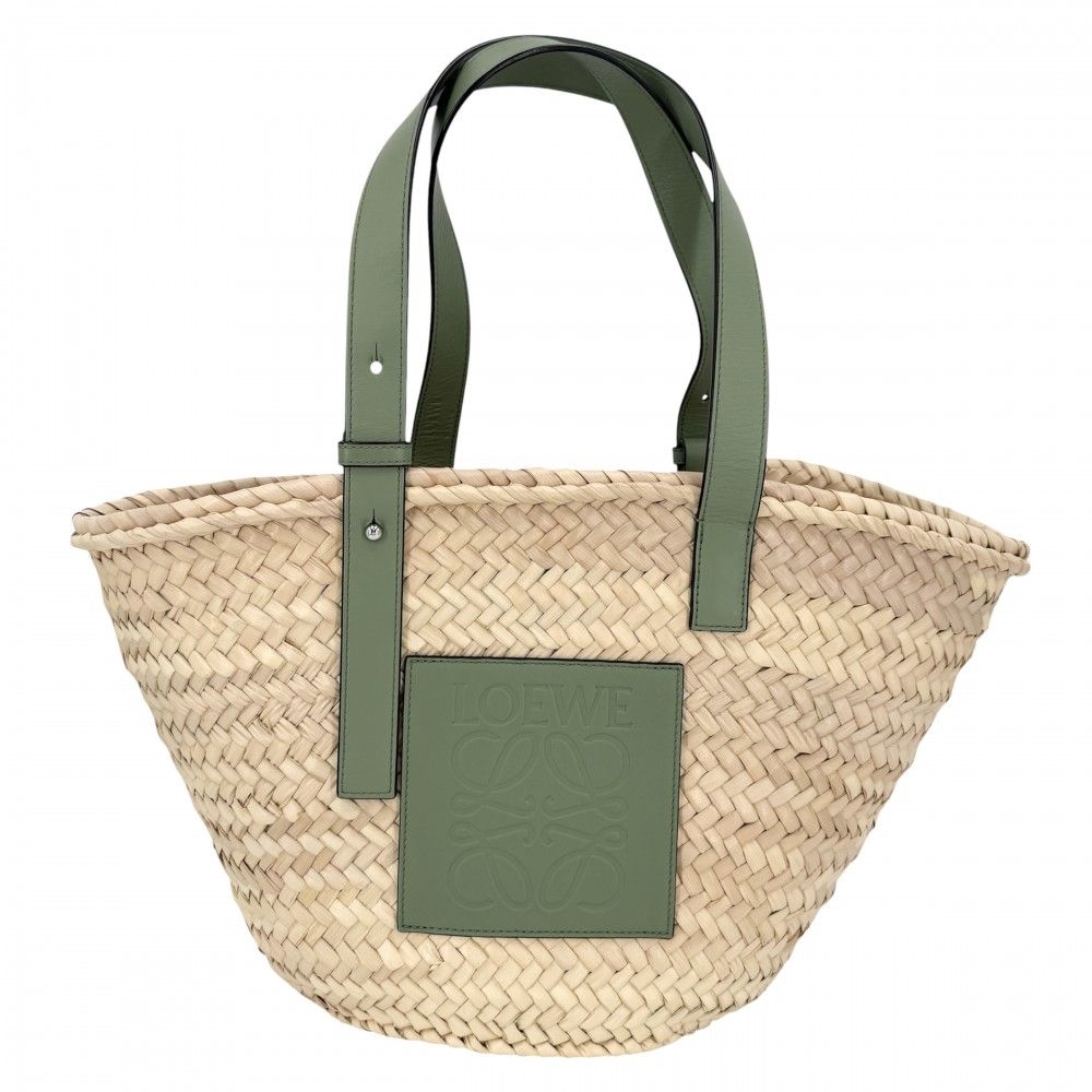 Loewe Handbag Anagram Basket Bag Palm Leaf Calf Leather Beige Green Silver