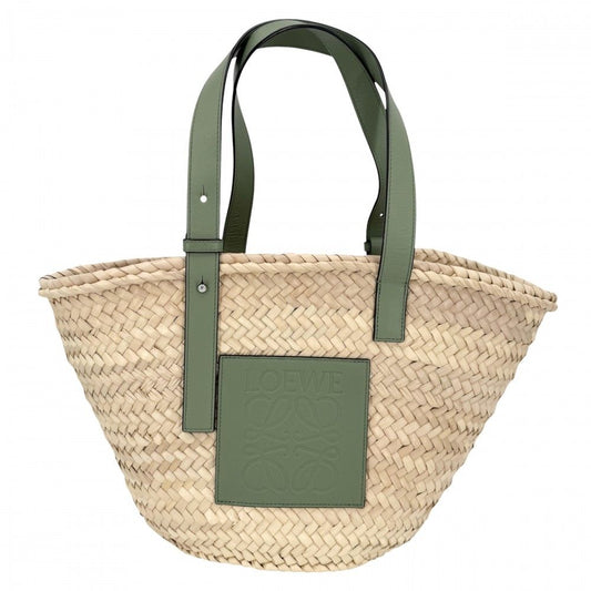 Loewe Handbag Anagram Basket Bag Palm Leaf Calf Leather Beige Green Silver