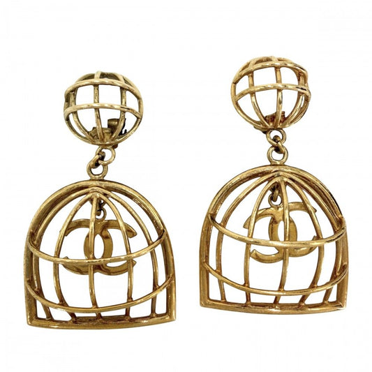 Chanel Earrings Birdcage CC Logo Vintage 2 9 Gold