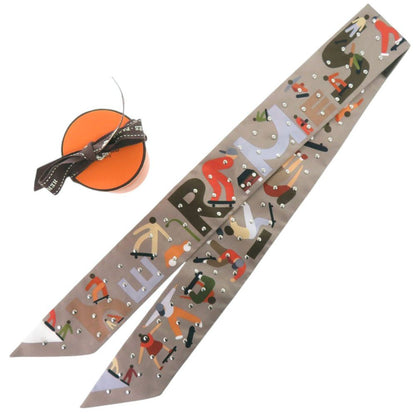Hermes Twilly Figure Libre Studs Silk Gray Silver Scarf