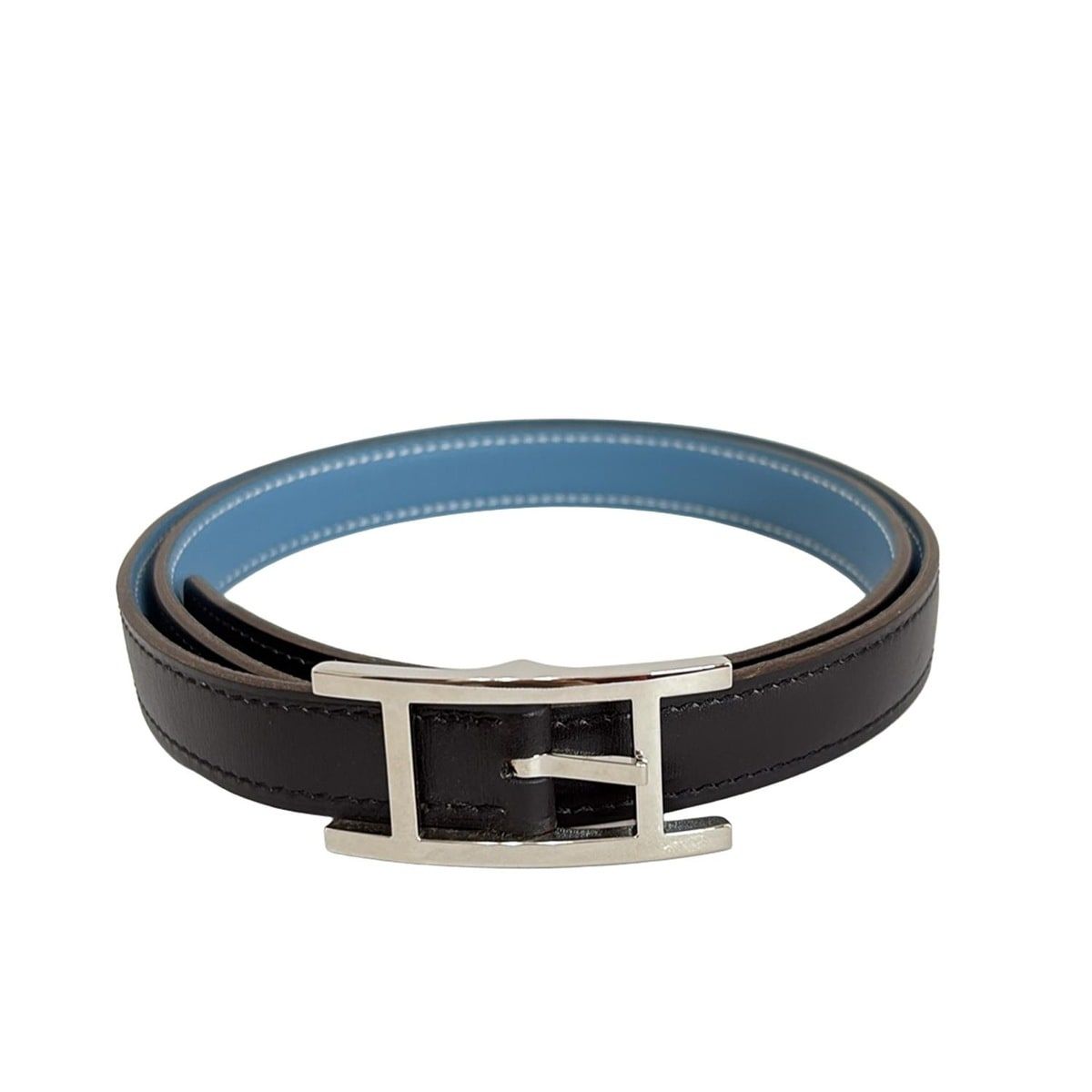 Hermes Belt 75 Hapi 3 Black Blue Jean Silver Reversible Leather