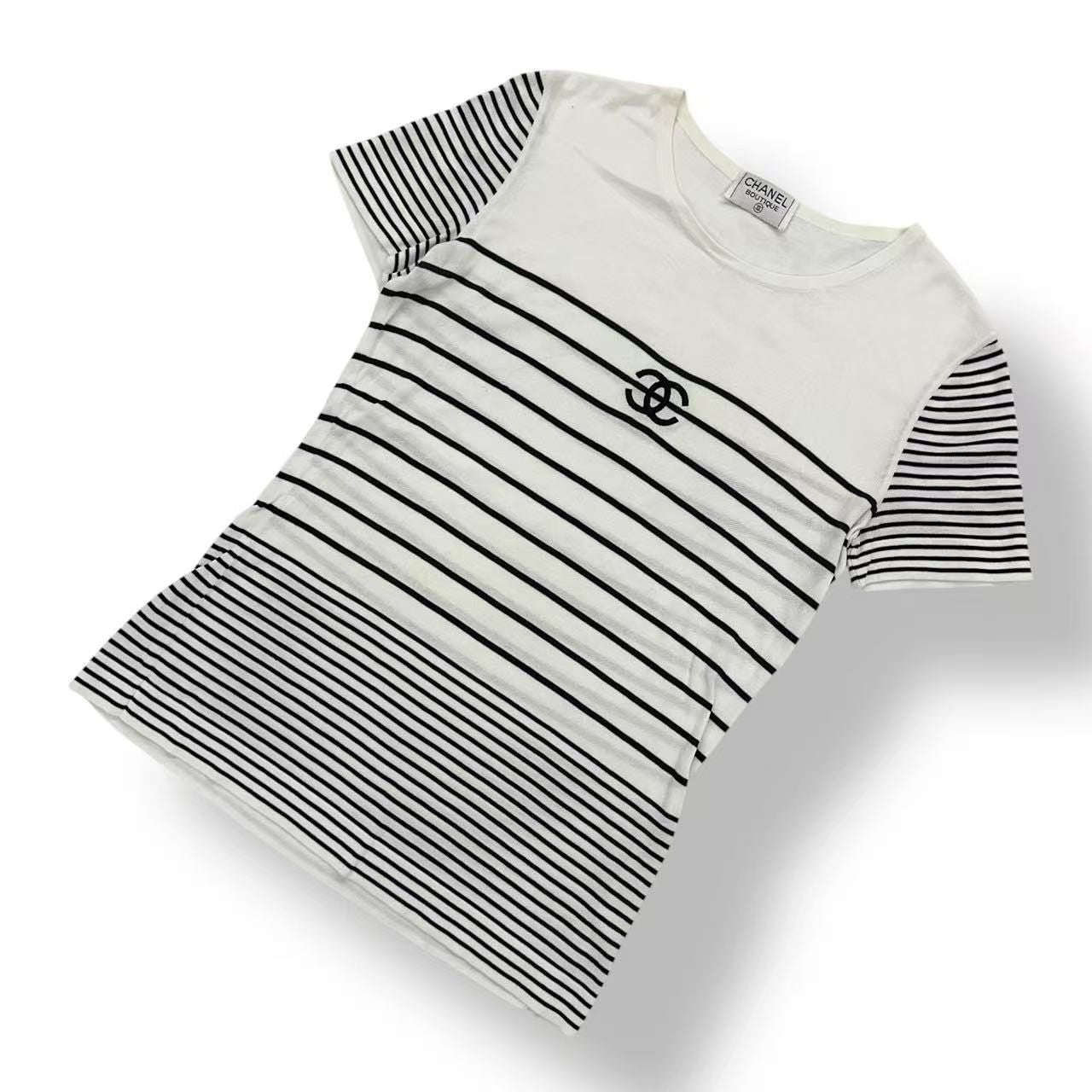 Chanel CC Logo Embroidery Border Cotton Short Sleeve Knit Top Sweater — view 2