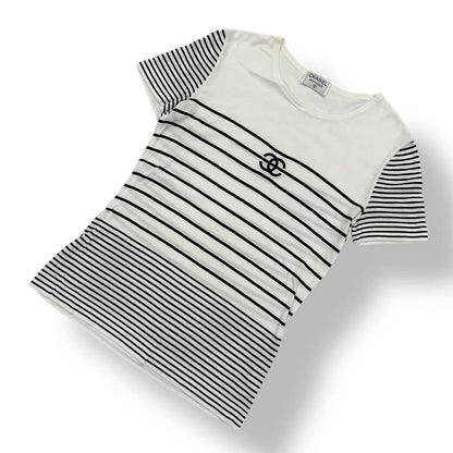 Chanel CC Logo Embroidery Border Cotton Short Sleeve Knit Top Sweater — view 2