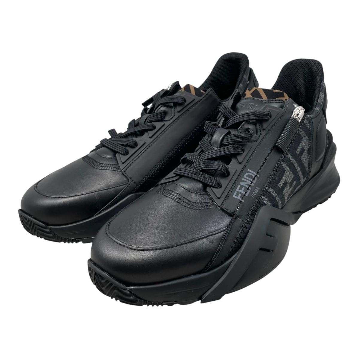 Fendi Sneakers Flow Top 6 Sizes Calf Leather FF Motif Logo Black Gray