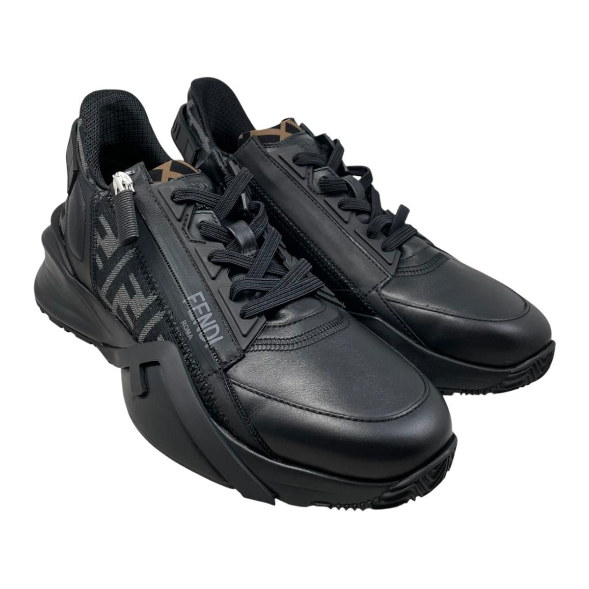 Fendi Sneakers Flow Top 6 Sizes Calf Leather FF Motif Logo Black Gray — view 2