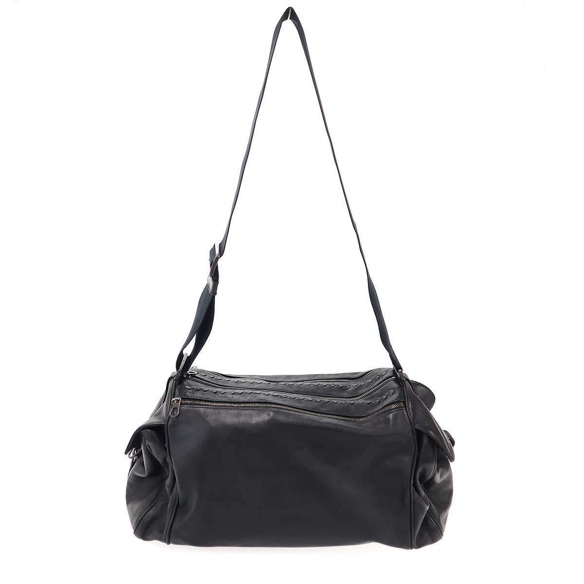 Bottega Veneta Intrecciato Leather Boston Shoulder Bag Black