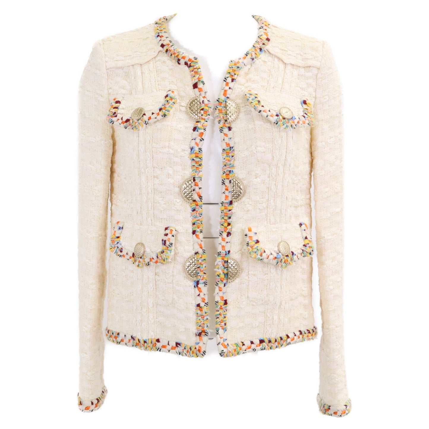 Chanel CC Logo Medal Button Tweed Collarless Jacket 34
