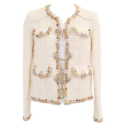 Chanel CC Logo Medal Button Tweed Collarless Jacket 34