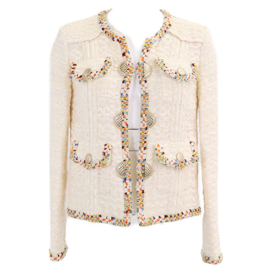 Chanel CC Logo Medal Button Tweed Collarless Jacket 34