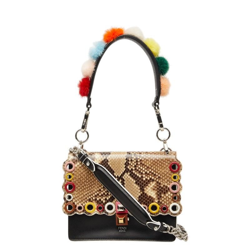 Fendi Canai Mini Chain Shoulder Bag 2-Way Black Brown Leather