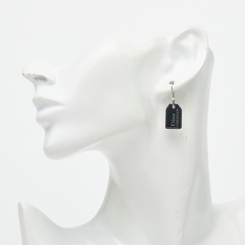 Dior Logo Plate Earrings Silver Black Metal — view 4