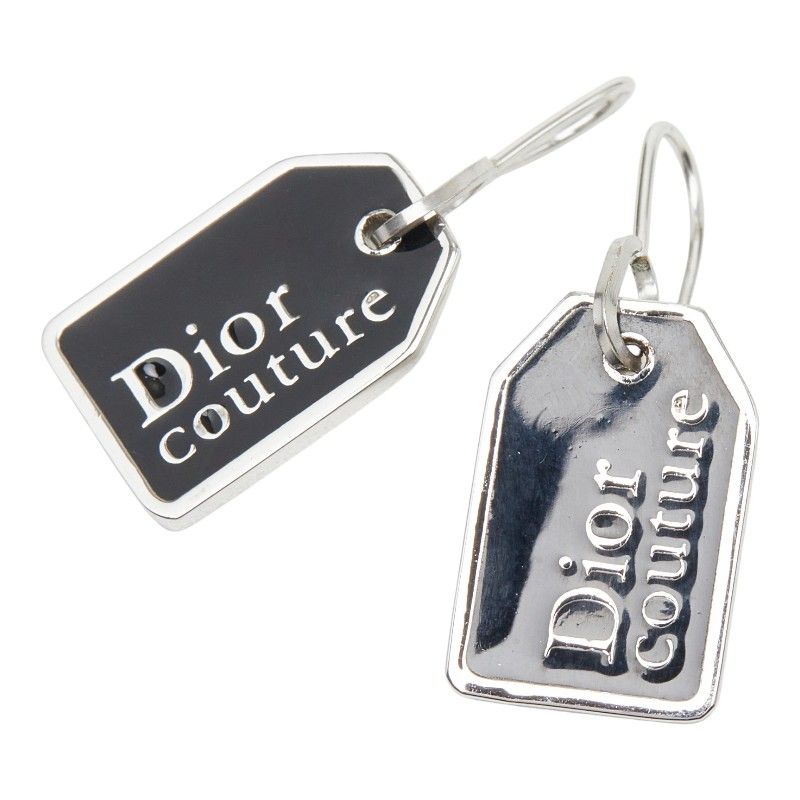 Dior Logo Plate Earrings Silver Black Metal