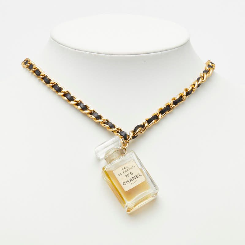 Chanel Chain Necklace Gold Clear Black Plated Glass Leather — view 6