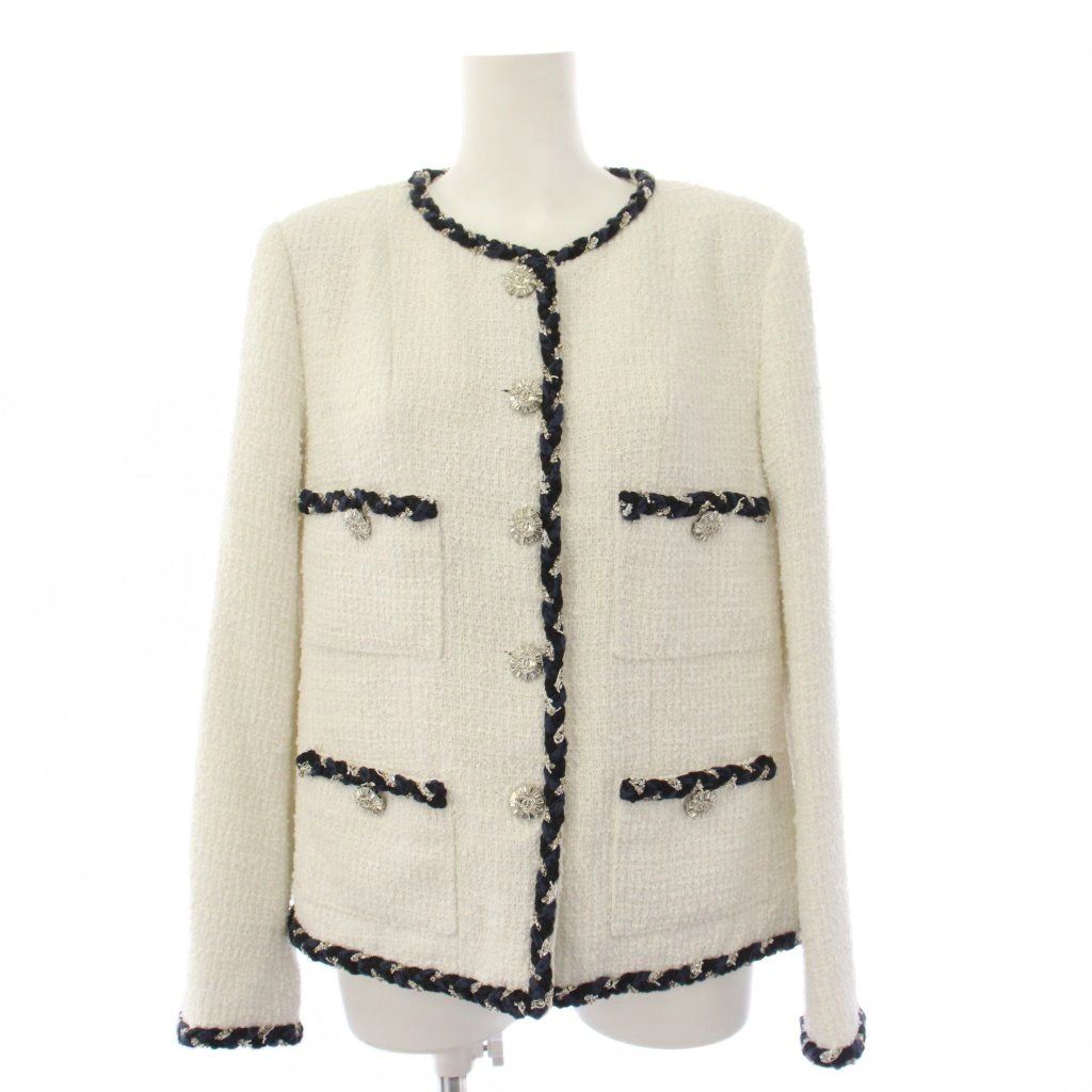 Chanel Uniform Twi Dono Color Jacket CC Logo Bijuu 38 White KH
