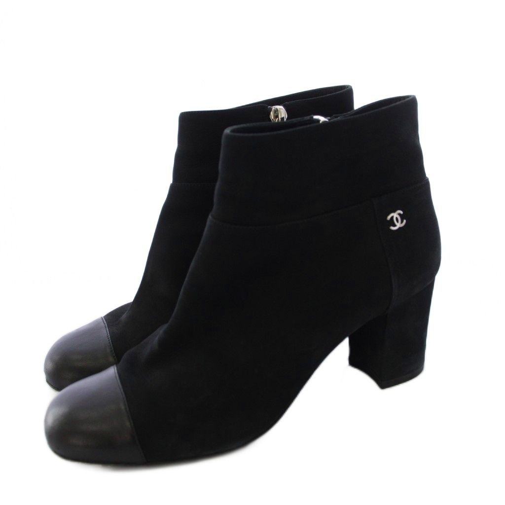 Chanel Short Boots CC Logo Suede Side Zipper 36c Black TK