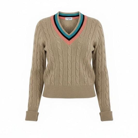 Chanel Vintage CC Logo Beige Cashmere Skool Knit Sweater A3