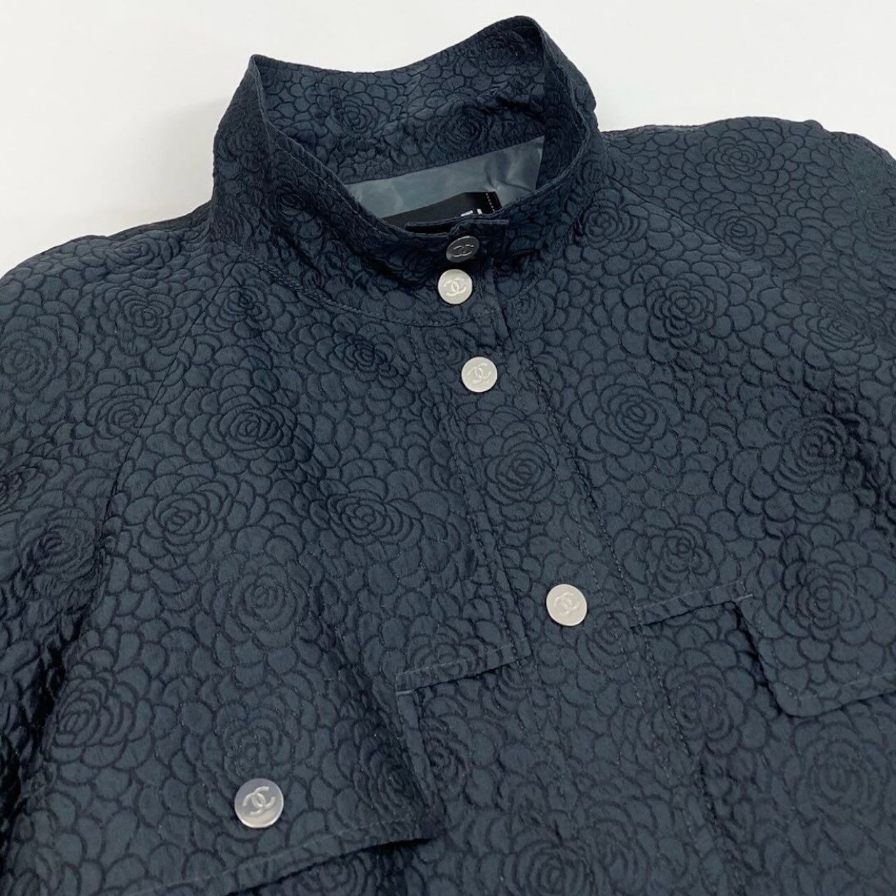 Chanel Camellia CC Logo Navy Polyester Silk Coat A3 — view 5