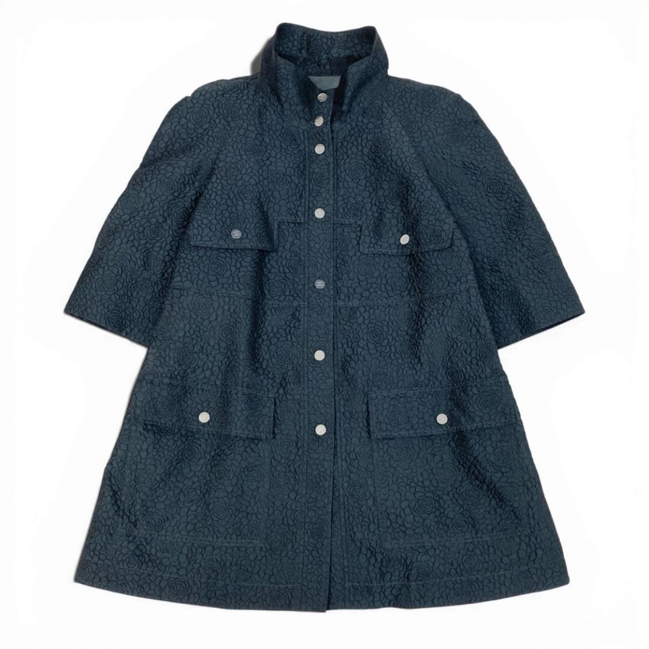 Chanel Camellia CC Logo Navy Polyester Silk Coat A3 — view 2