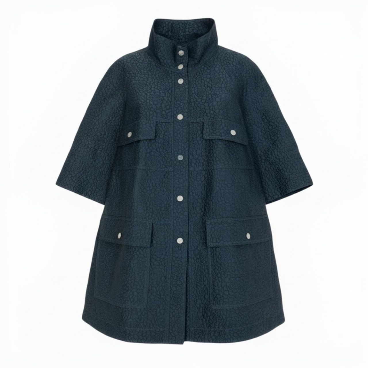 Chanel Camellia CC Logo Navy Polyester Silk Coat A3