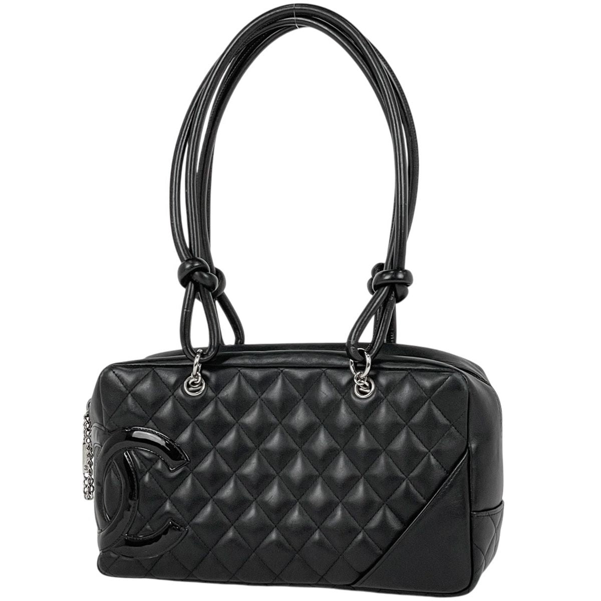 Chanel Cambon Line Bow Sling Bag CC Logo Mini Boston Quilted Leather Black