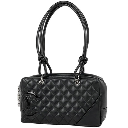 Chanel Cambon Line Bow Sling Bag CC Logo Mini Boston Quilted Leather Black