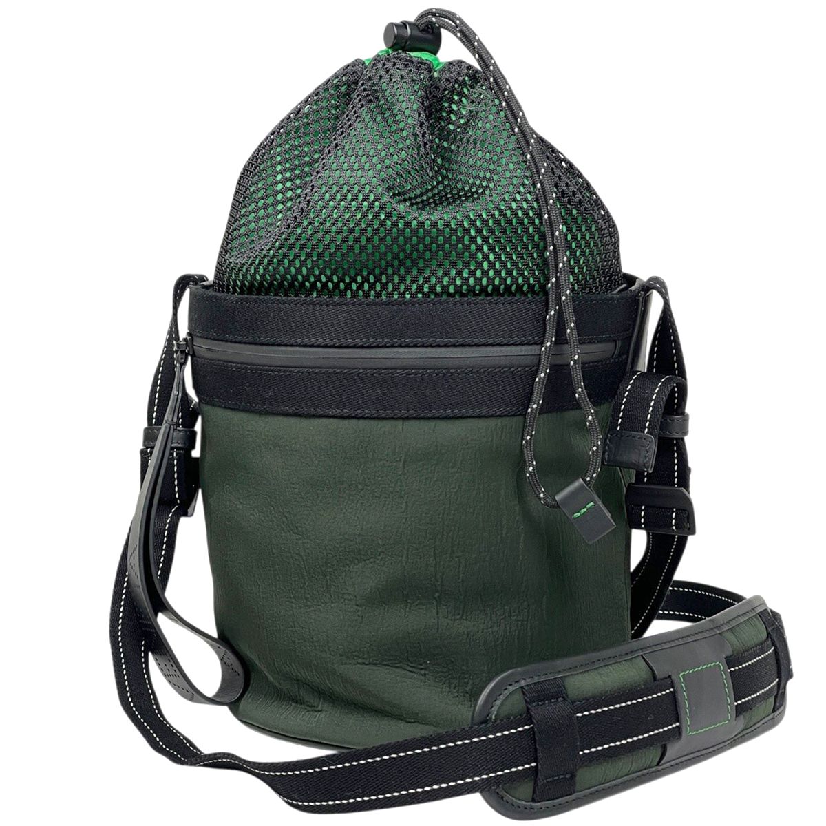 Bottega Veneta Bucket Messenger Bag Drawstring Khaki Nylon Green Black