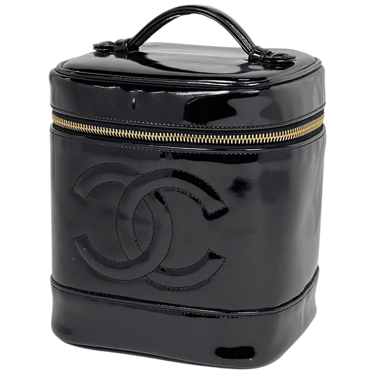 Chanel CC Logo Vanity Makeup Pouch Patent Leather Black