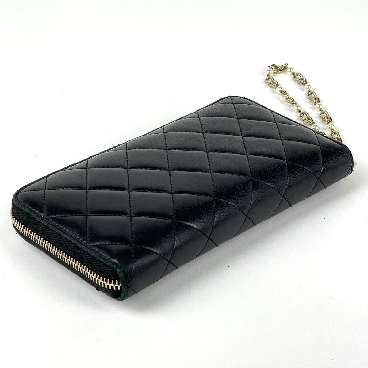 Chanel CC Logo Zip Around Wallet Quilted Chain Leather Black — view 2