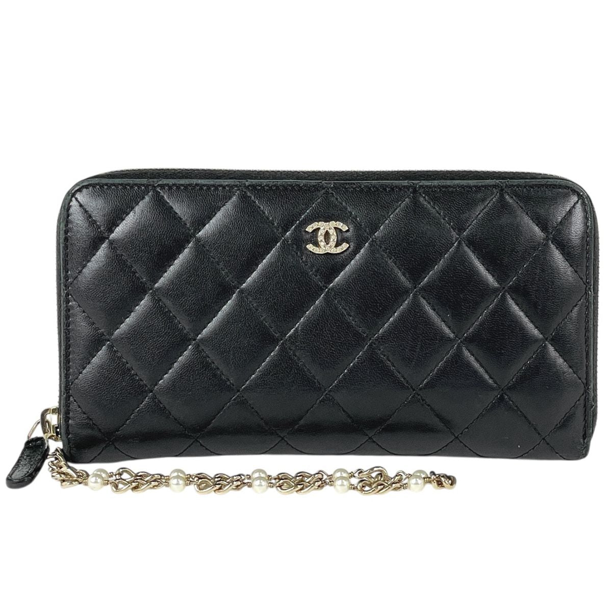 Chanel CC Logo Zip Around Wallet Quilted Chain Leather Black