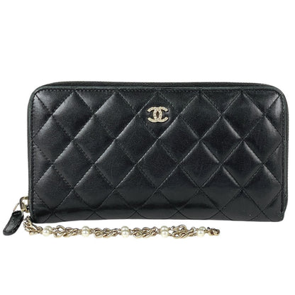 Chanel CC Logo Zip Around Wallet Quilted Chain Leather Black
