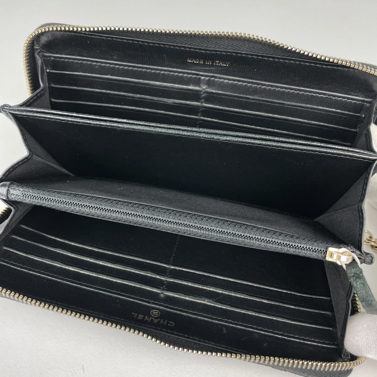 Chanel CC Logo Zip Around Wallet Quilted Chain Leather Black — view 7