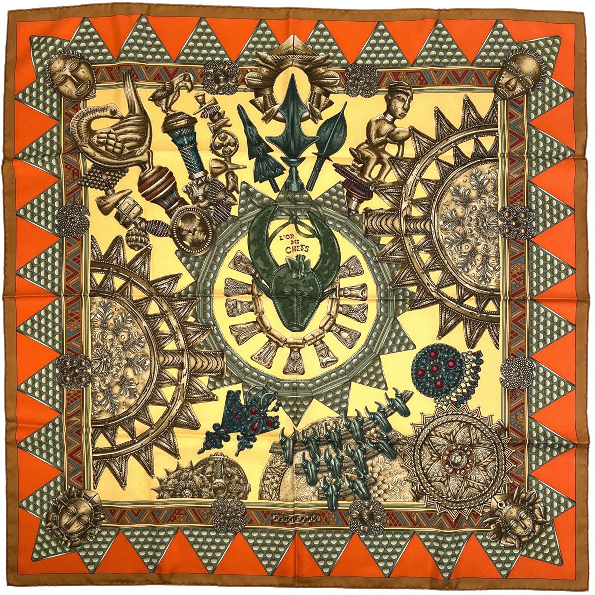 Hermes Carre 90 L'or Des Chefs Scarf Silk Brown Orange Multicolor