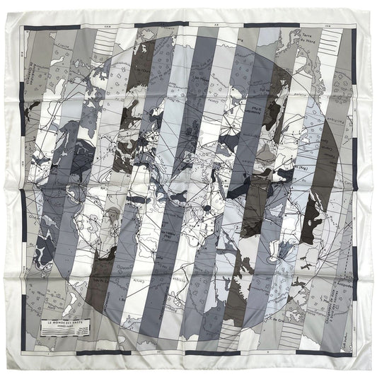 Hermes Carre 90 le Monde Est Vaste World Map Scarf Silk White