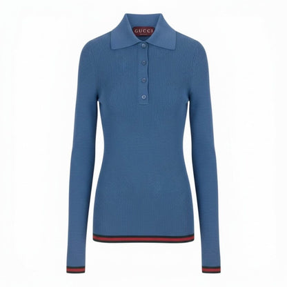 Gucci Sherry Line Blue Cashmere Silk Knit Polo Shirt