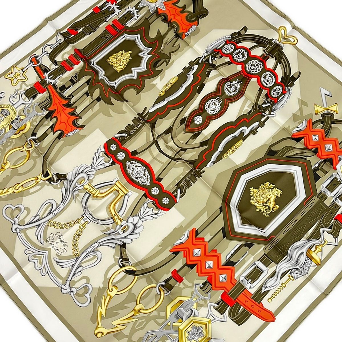 Hermes Scarf Carre 90 Khaki Orange Multi Brides & Destin