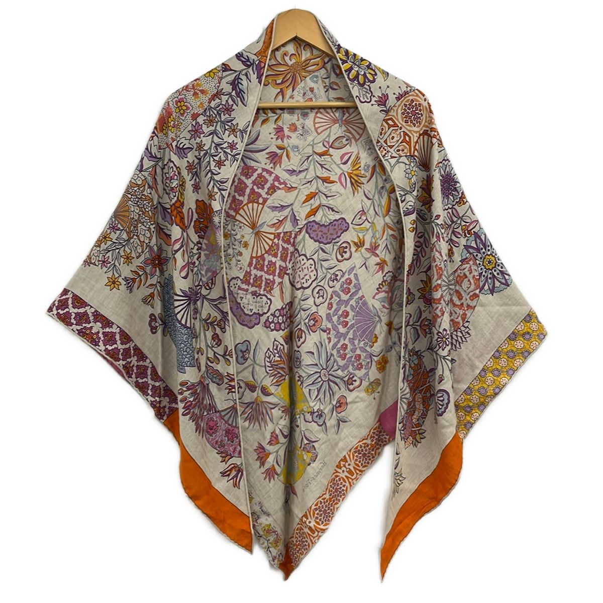 Hermes Shawl Beige Orange Multi Cashmere Silk Scarf