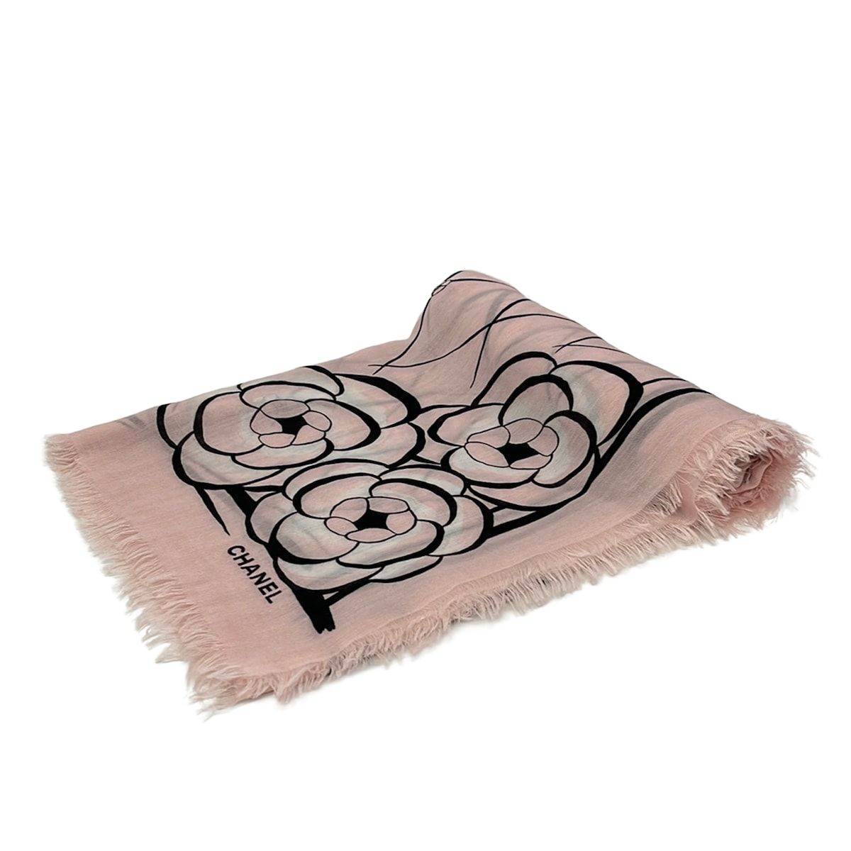 Chanel Shawl Light Pink Black Camellia Cashmere Scarf