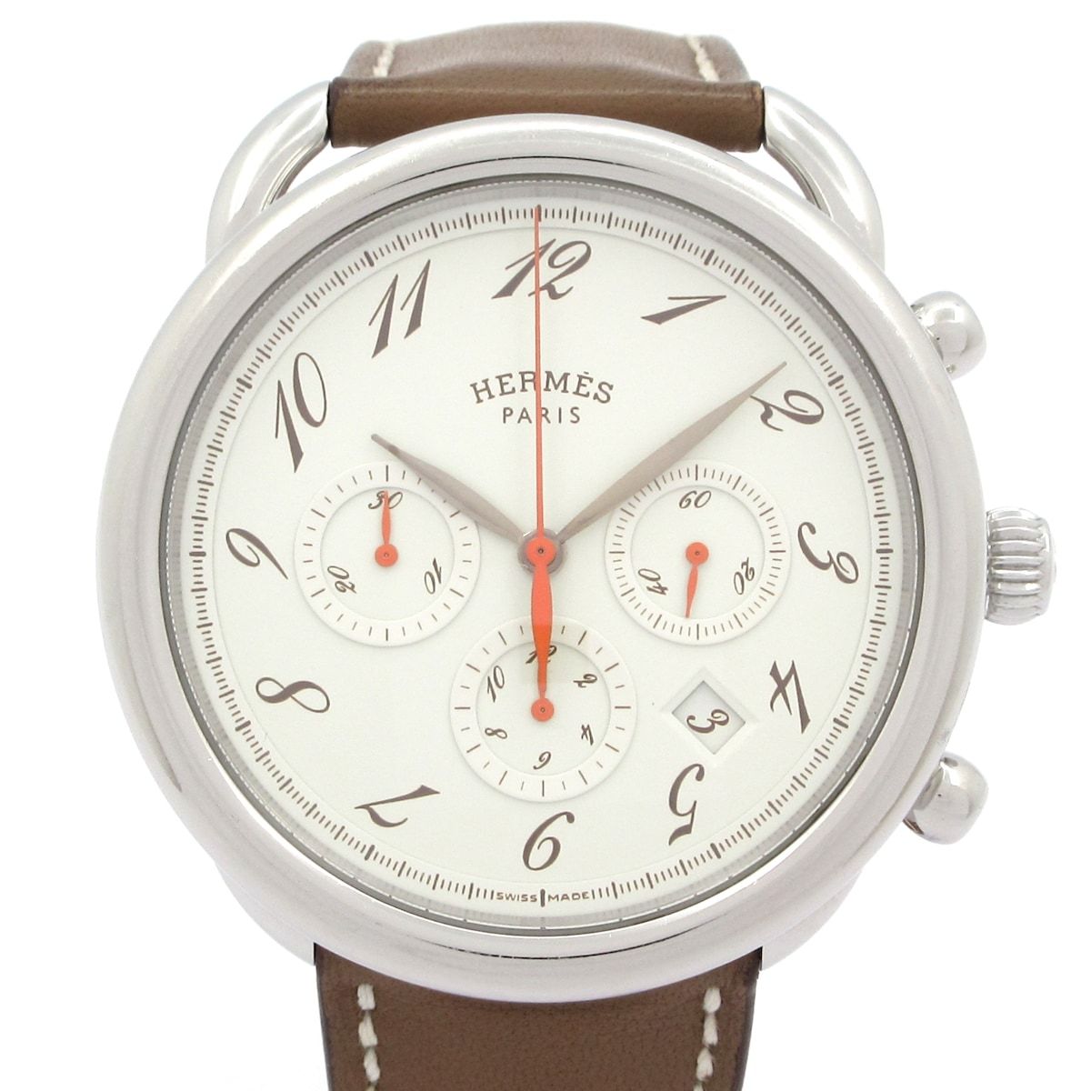 Hermes Watch Also SS Chronograph M Leather Strap Ivory