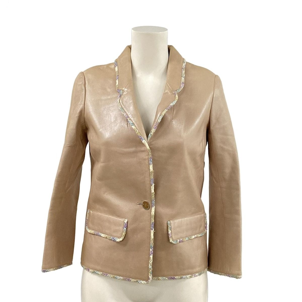 Chanel Jacket 34 S Beige Leather Tweed Trim Tailored