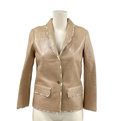 Chanel Jacket 34 S Beige Leather Tweed Trim Tailored