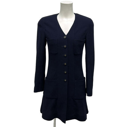 Chanel Jacket 34 S Navy Long Length Shoulder Pad Wool