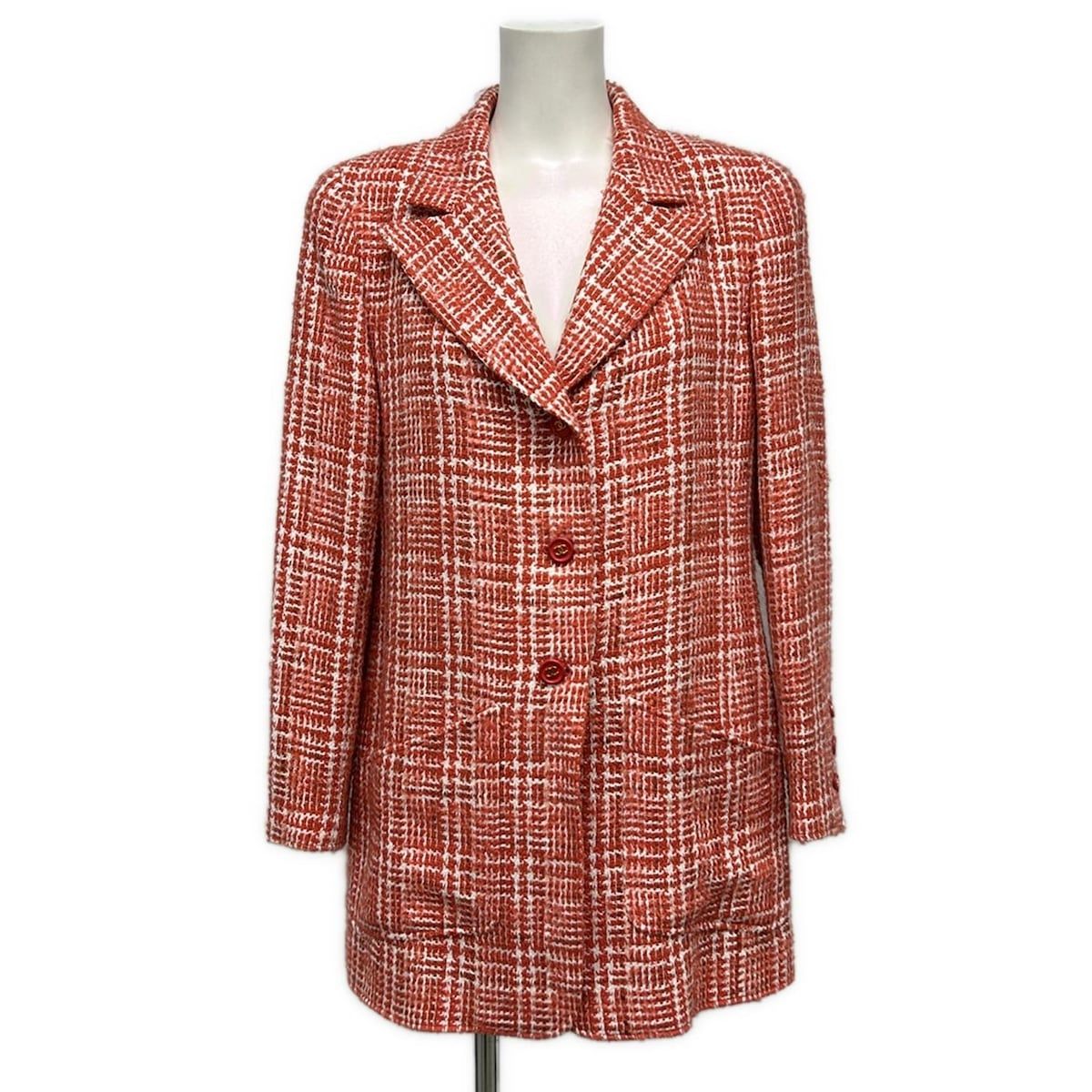 Chanel Coat 42 L Red White Tweed Long Sleeve Shoulder Pad Winter Coco Button