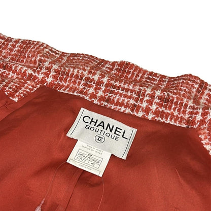 Chanel Coat 42 L Red White Tweed Long Sleeve Shoulder Pad Winter Coco Button — view 7