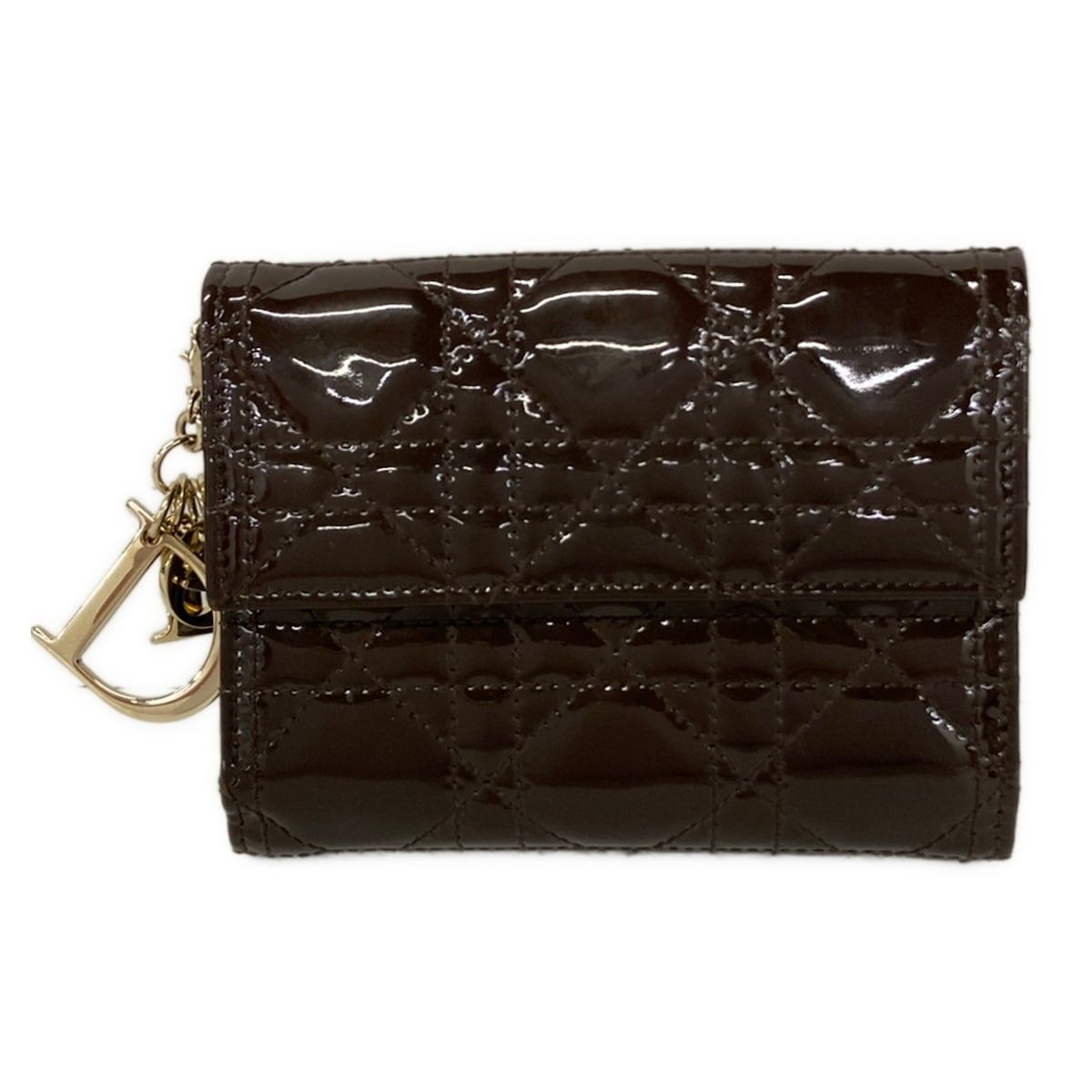 Dior Trifold Wallet Lady Lotus Dark Brown Cannage Stitch Leather Handbag