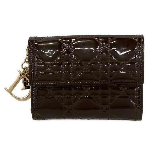 Dior Trifold Wallet Lady Lotus Dark Brown Cannage Stitch Leather Handbag