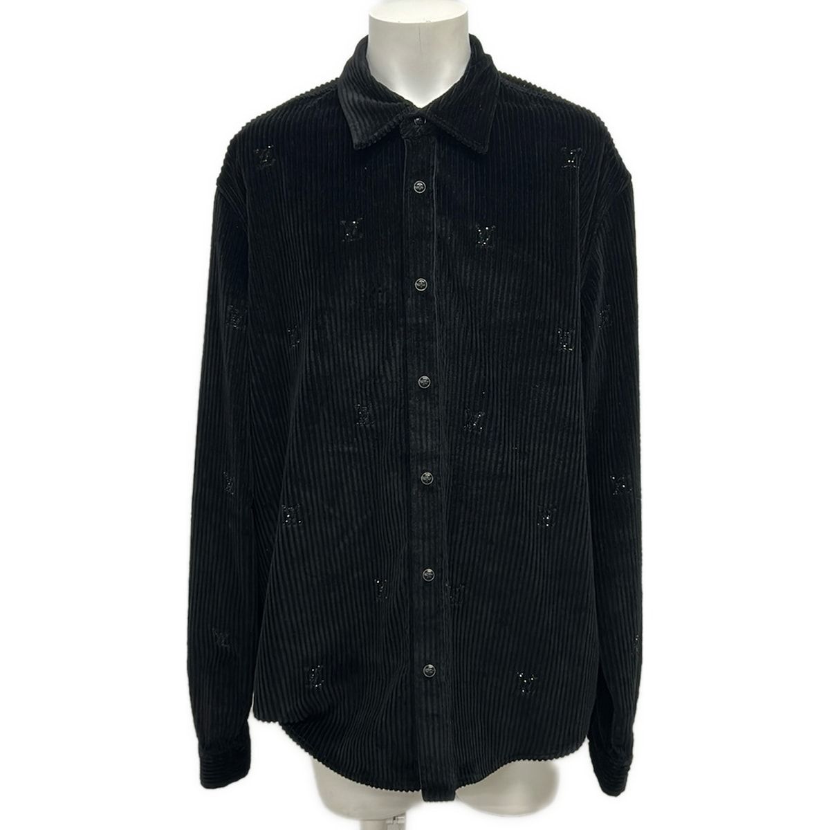 Louis Vuitton Long Sleeve Shirt L Mpu Black Long Corduroy LV Logo Rhinestone