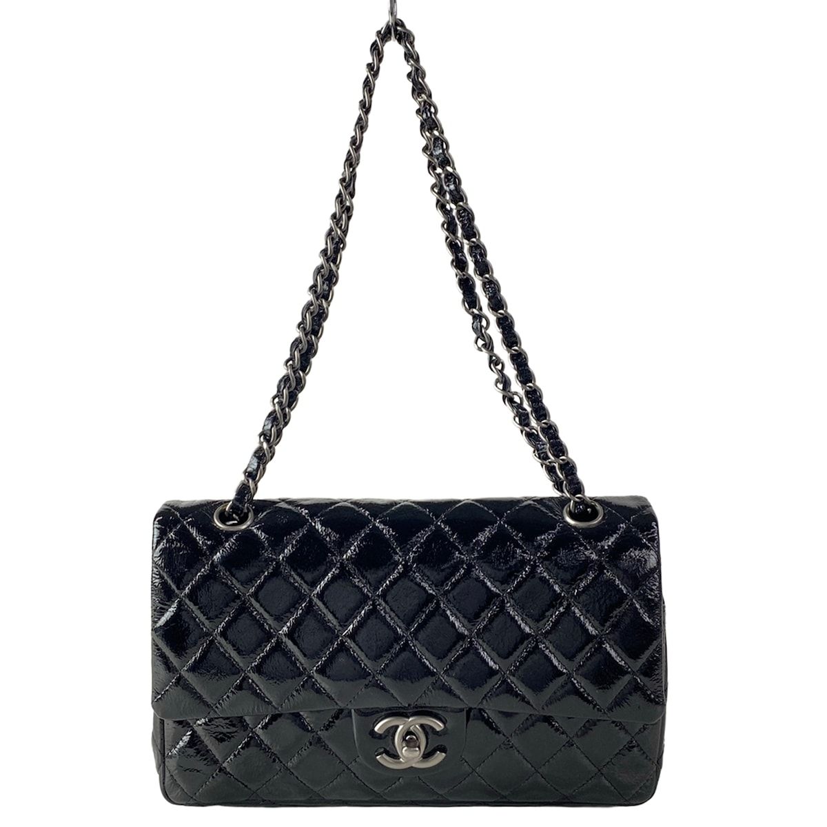 Chanel Shoulder Bag Double Flap Quilted Black Chain Matte Silver Leather